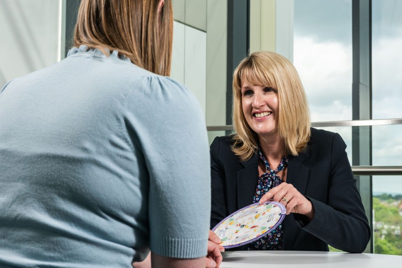 Professor Jane Murphy showing another person how to use the nutrition wheel 